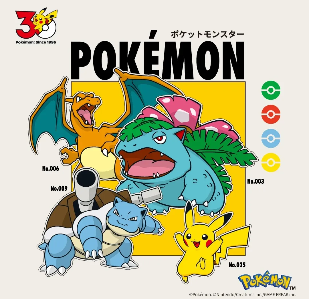 Pokemon 30th anniversary key visual with Charizard, Venusaur, Blastoise and Pikachu, 3COINS