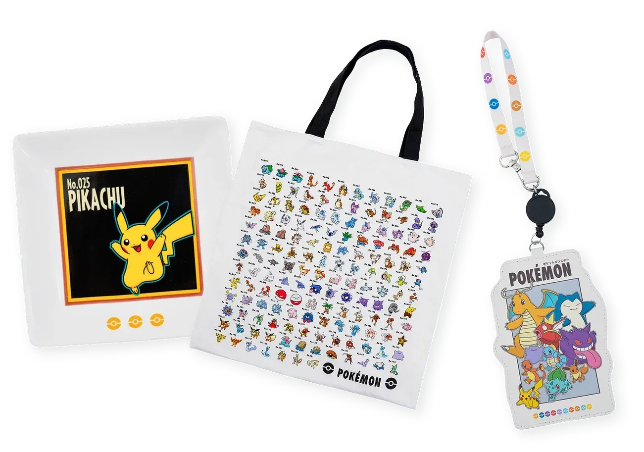 A small plate, a tote bag and a pass case from the Pokemon 30th anniversary range at 3COINS