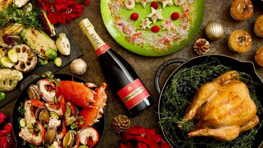 Christmas buffet dishes with roast chicken and Champagne at SLOPE SIDE DINER ZAKURO in Grand Prince Hotel Shin Takanawa
