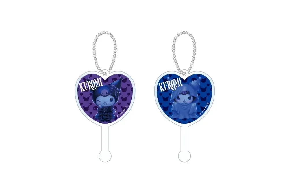 Two heart shaped candy-style acrylic charms, one purple with winking Kuromi and one blue with ghost Kuromi