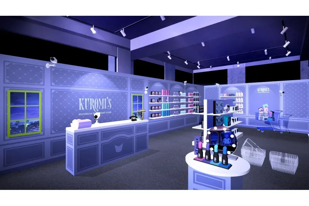 An image of the second floor cosmetics shop set, with a counter and shelves of Kuromi cosmetics