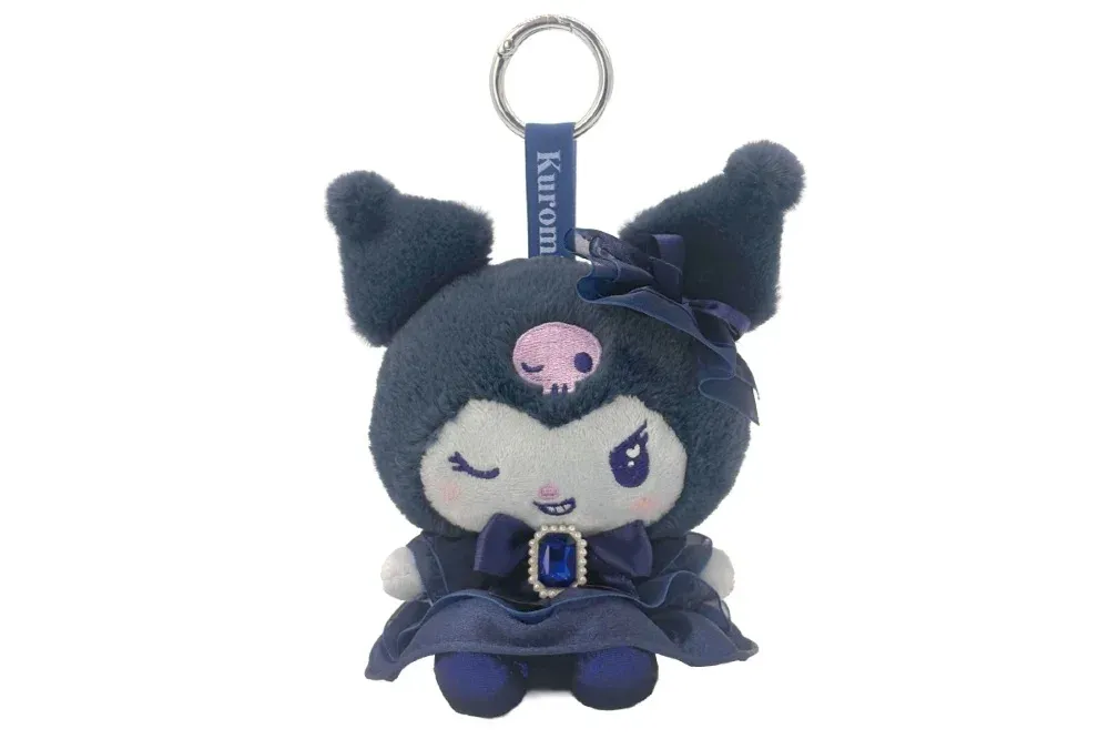 The Kuromi mascot plush in a dark gothic dress with a jeweled bow, on a key ring strap