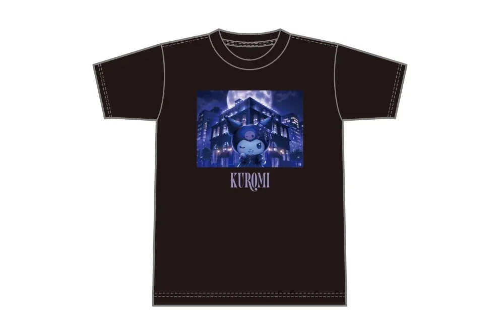 A black T-shirt printed with Kuromi in front of the department store