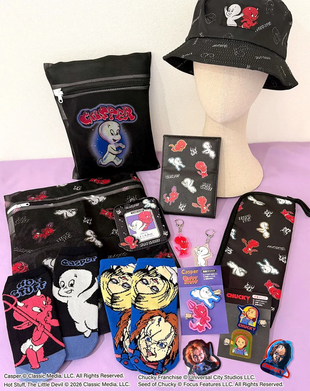 Casper, Hot Stuff and Chucky bucket hat, laundry nets, socks and keychains from Thank You Mart