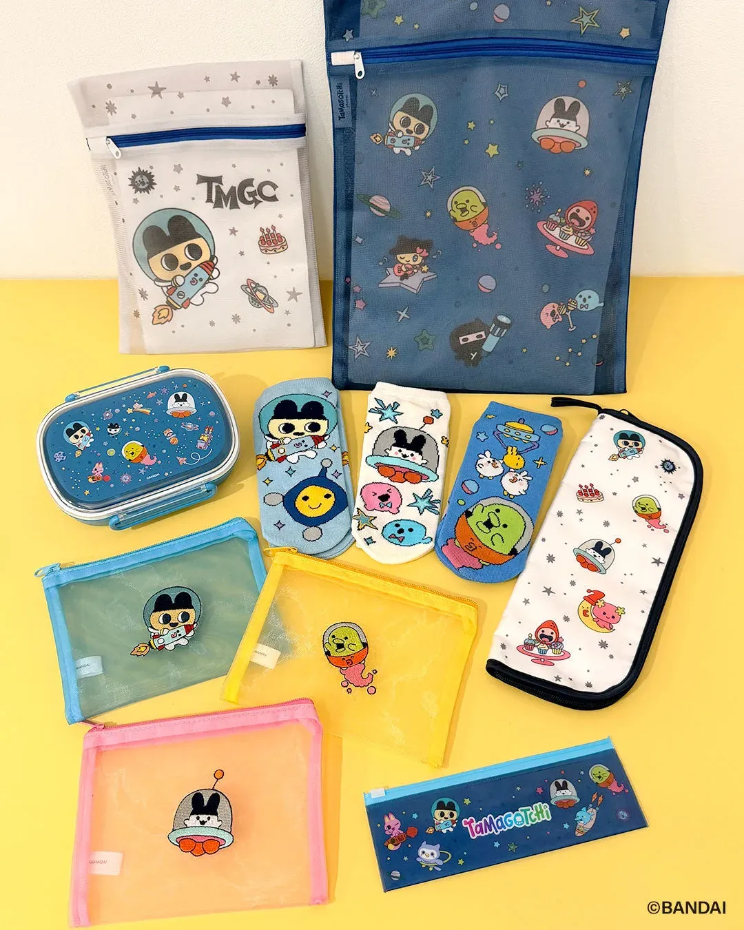 Tamagotchi laundry nets, lunch box, ankle socks and mesh pouches from Thank You Mart