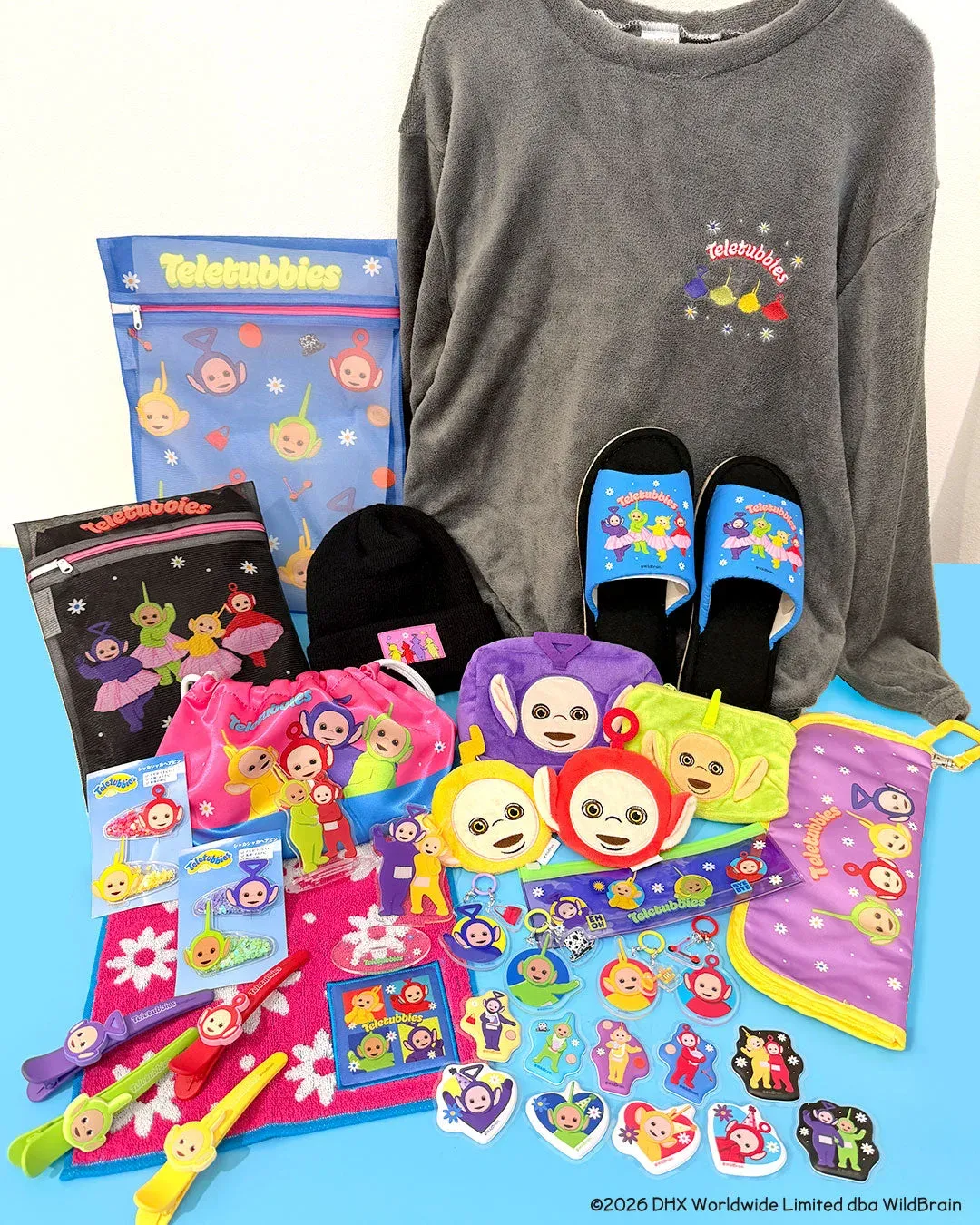 Teletubbies loungewear, knit hat, room slippers, pouches and hair clips from Thank You Mart