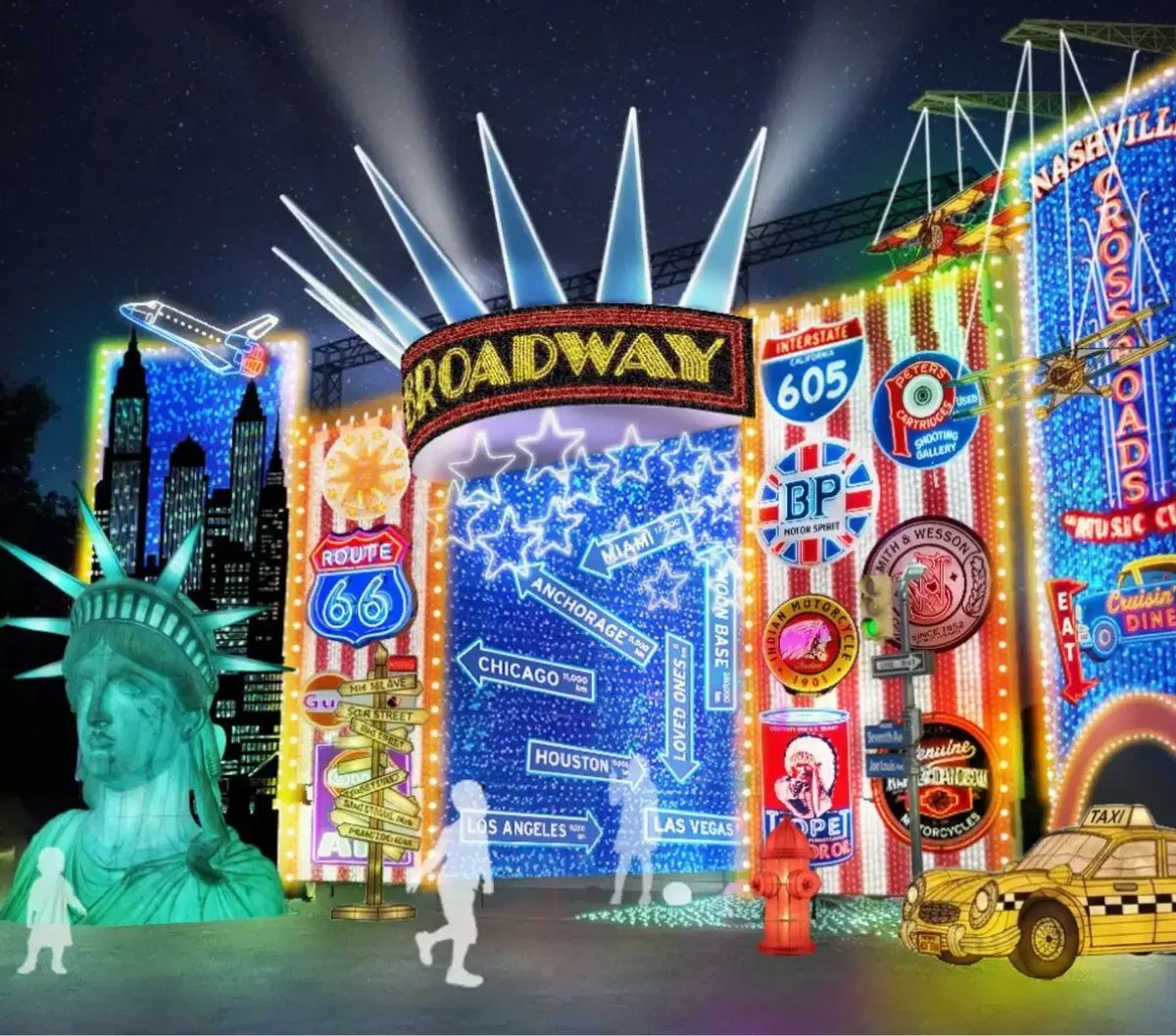 Rendering of Tokyo German Village’s 2026 Why USA!? illumination, a Broadway gate in colored lights